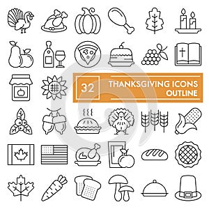 Thanksgiving thin line icon set, celebration symbols collection, vector sketches, logo illustrations, food signs linear