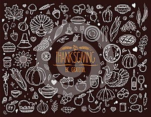 Thanksgiving traditional holiday symbols: pumpkin, turkey, pie and other