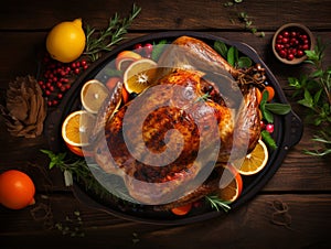 Thanksgiving turkey background, close up. Roasted turkey garnished with oranges, cranberries and herbs on wooden table. Festive