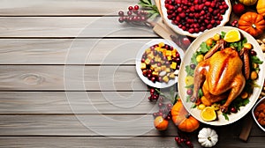 Thanksgiving turkey background with copy space. Roasted turkey garnished cranberries and herbs on light wooden table. Festive dish