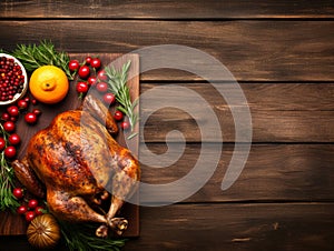 Thanksgiving turkey background with copy space. Roasted turkey garnished with oranges, cranberries and herbs on wooden table.