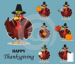 Thanksgiving turkey bird wearing a Pilgrim hat and holding different things.