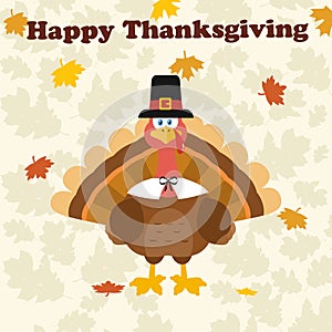 Thanksgiving Turkey Bird Wearing A Pilgrim Hat Under Happy Thanksgiving Text