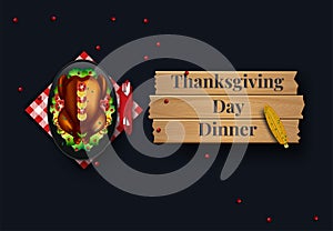 Thanksgiving Turkey dinner on white wooden table with copy space