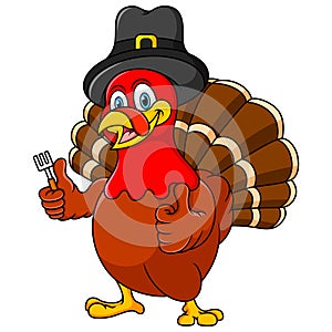 Thanksgiving turkey mascot holding fork and wearing a pilgrim hat