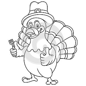 Thanksgiving turkey mascot holding fork and wearing a pilgrim hat line art