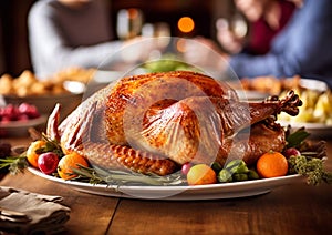 Thanksgiving turkey meal on table for family holiday dinner.Macro.AI Generative