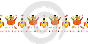 Thanksgiving turkey and owl cute seamless pattern