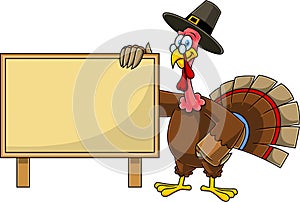 Thanksgiving Turkey Pilgrim Cartoon Characters Showing A Wooden Blank Board