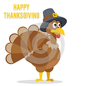 Thanksgiving turkey in pilgrim hat flat design vector illustration