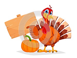 Thanksgiving turkey pointing on wooden blank sign