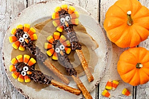 Thanksgiving turkey pretzel rods with candy corn