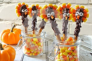 Thanksgiving turkey pretzel sticks with candy corn, still life