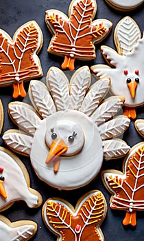 Thanksgiving Turkey-Shaped Cookies With Icing Detail. Generative AI