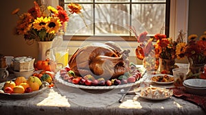 a thanksgiving turkey is on a table in front of an window