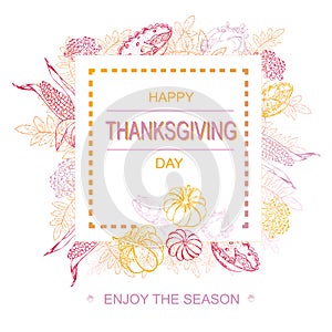 Thanksgiving typography. Hand drawn vector illustration with pumpkins, leaves, turkey in fall colors. design for prints