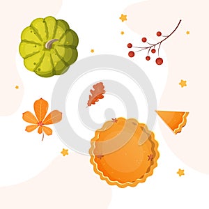Thanksgiving vector illustration set, pumpkin, pie and leaves
