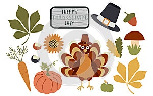 Thanksgiving Vector set of Autumn elements with Turkey, cartoon Pumpkin, Carrot, Apple, Fallen leaves, Pilgrim hat, Mushroom.