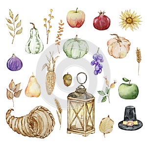 Thanksgiving watercolor elements, cornucopia, lantern and pumpkins