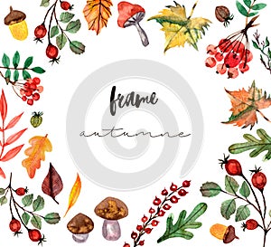 Thanksgiving watercolor illustration. Wreath, garland, circle of autumn flowers, herbs and leaves