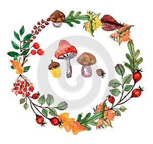 Thanksgiving watercolor illustration. Wreath, garland, circle of autumn flowers, herbs and leaves