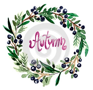 Thanksgiving watercolor illustration. Wreath, garland, circle of autumn flowers, herbs and leaves