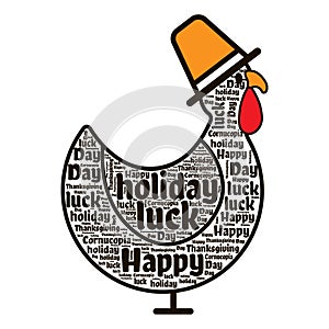 Thanksgiving word cloud in the shape of a turkey in a hat. Typography. Vector illustration