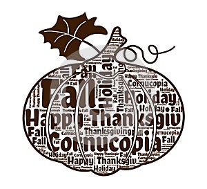 Thanksgiving words, holiday, falling, cornucopia in pumpkin silhouette. Vector illustration. Thanksgiving word cloud