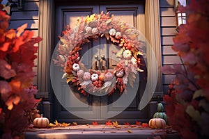 Thanksgiving wreath hanging on a front door