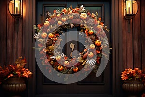 Thanksgiving wreath hanging on a front door