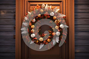 Thanksgiving wreath hanging on a front door