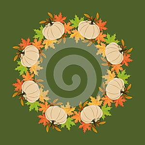 Thanksgiving wreath with pumpkins and autumn maple leaves. Print, autumn illustration vector