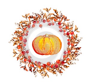 Thanksgiving wreath - pumpkins, berries, autumn leaves. Watercolor round border