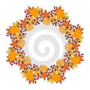 Thanksgiving wreath with pumpkins, rowan and autumn leaves. Print, autumn illustration vector