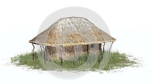 Thatch hut in grass - on white background