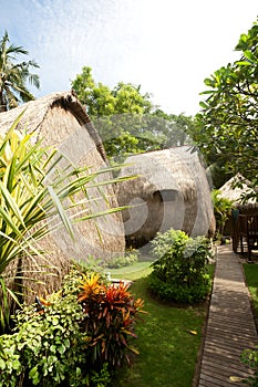 Thatch roof bungalow at tropical resort