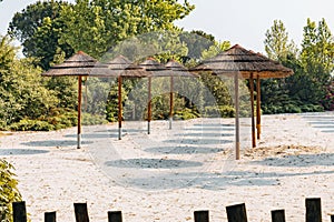 Thatch umbrellas in the park surrounded by green vegetation.