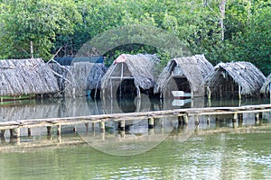 Thatched docks for fishing boats at Rio Miel river mouth near Baracoa, Cu