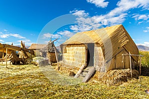 Thatched home on Floating Islands on Lake Titicaca Puno, Peru, South America. Dense root that plants Khili