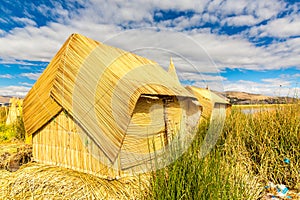 Thatched home on Floating Islands on Lake Titicaca Puno, Peru, South America. Dense root that plants Khili