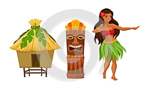 Thatched Hut and Woman Dancing with Hibiscus Flower in Her Head as Hawaiian Symbols Vector Set