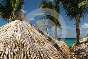 A thatched palm frond umbrella on a beach