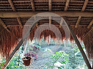 thatched roof with bamboo slats and wooden support posts, a tree house in the garden