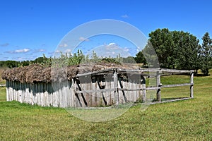 Thatched roof on a one story barn (closeup)