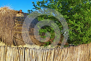 Thatched roof. Rural traditional fence and roof of cane in Danube Delta - landmark attraction in Romania