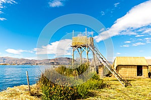 Thatched tower on Floating Islands on Lake Titicaca, Peru, South America.