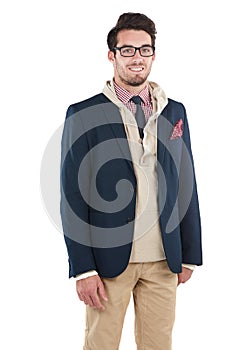 Thats one preppy pose. Studio portrait of a handsome young man posing against a white background.