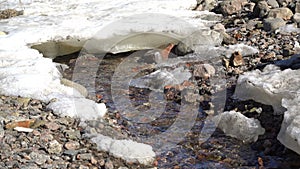 Thawed patch on frozen river. Frozen ice river is melting in spring with ice flakes flowing. Cracked ice floating on the