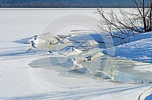 Thawing and Freezing of Pressured Ice Blocks on a River Bank