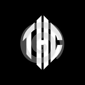 THC circle letter logo design with circle and ellipse shape. THC ellipse letters with typographic style. The three initials form a